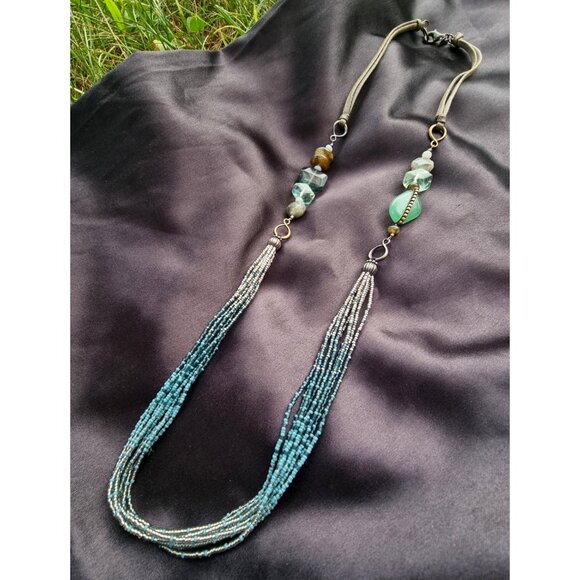 Iridescent Seed Beaded Glass Necklace Greenish Green Color with Stones - Picture 1 of 4